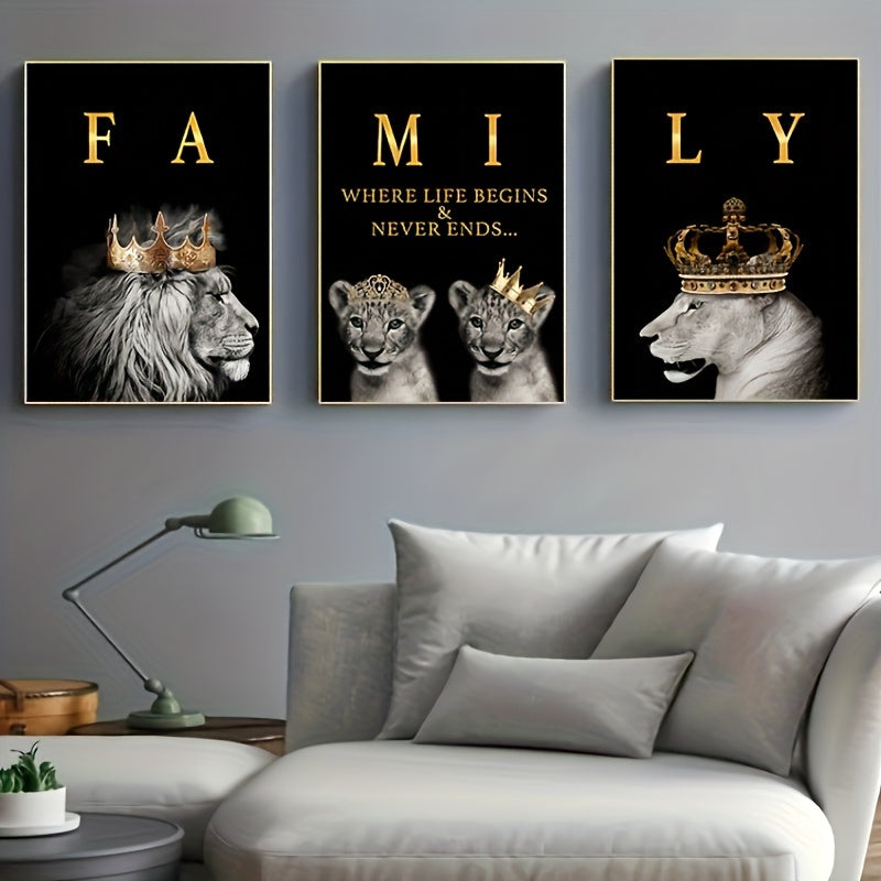 Lion Family Canvas Art  Black and Gold Crown Design - Detailed view