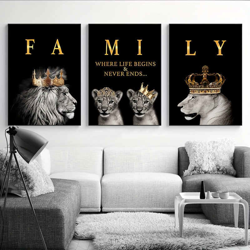 Lion Family Canvas Art  Black and Gold Crown Design - Product example