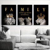 Lion Family Canvas Art  Black and Gold Crown Design - Product example