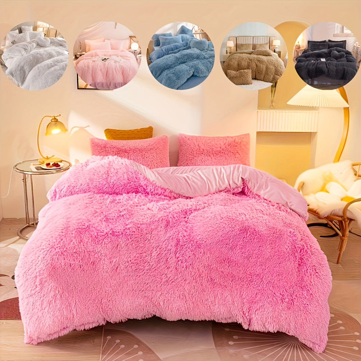 Plush Velvet Bedding Set  Soft Pink Duvet Cover with Pompom Trim - Product example