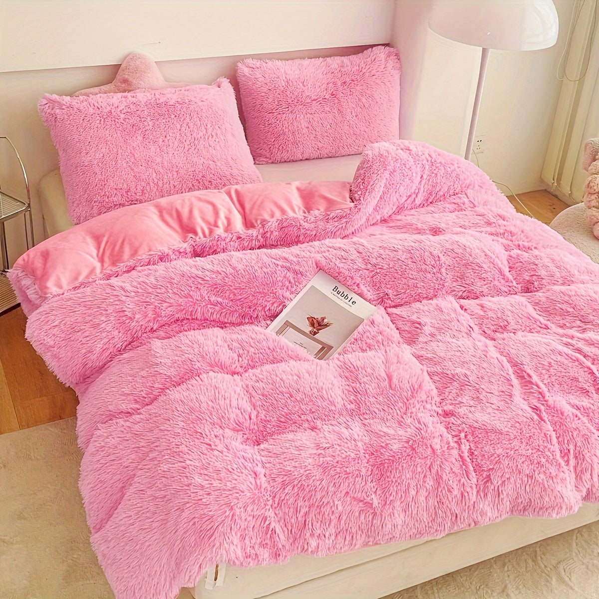 Plush Velvet Bedding Set  Soft Pink Duvet Cover with Pompom Trim - Product detail 19