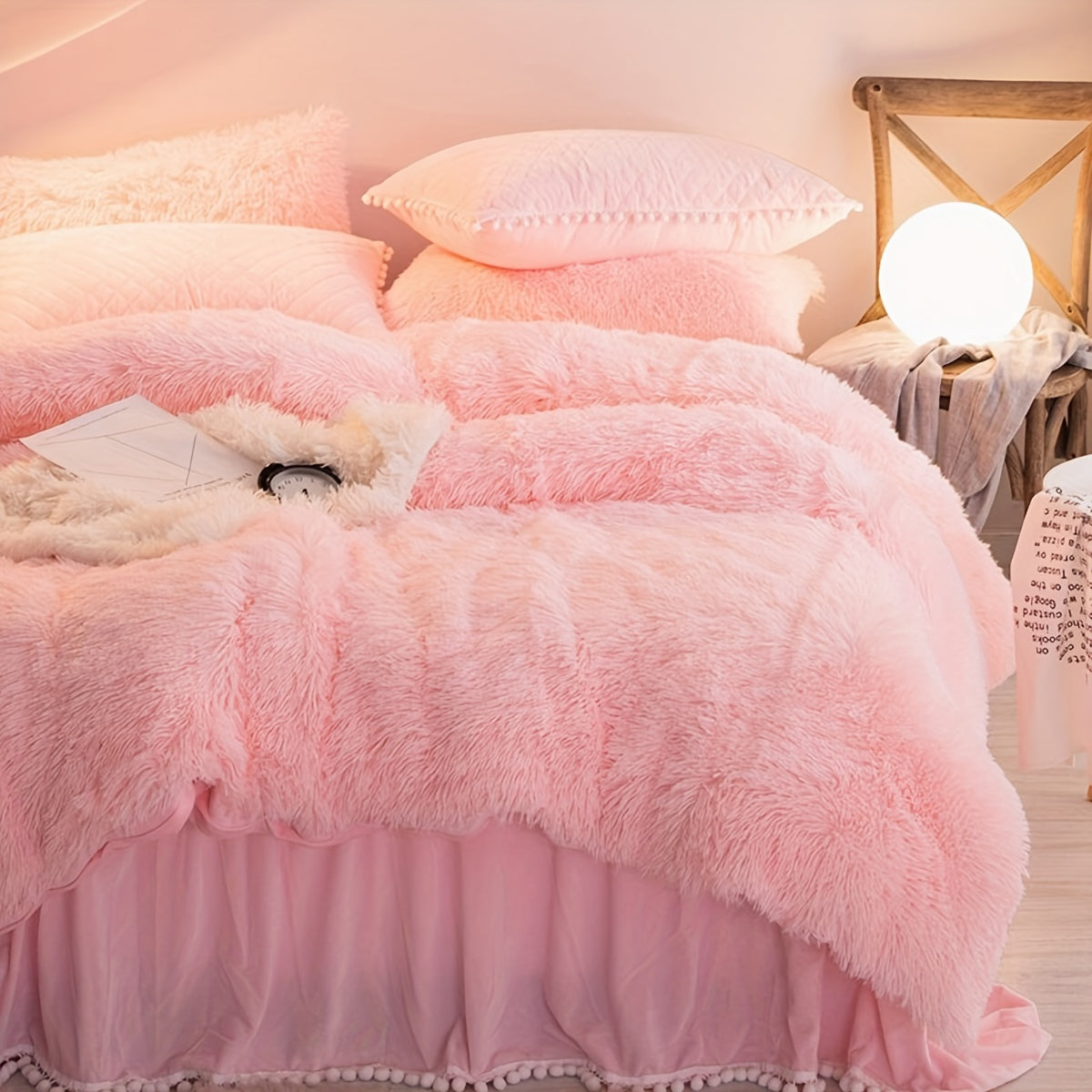 Plush Velvet Bedding Set  Soft Pink Duvet Cover with Pompom Trim - Product detail 15