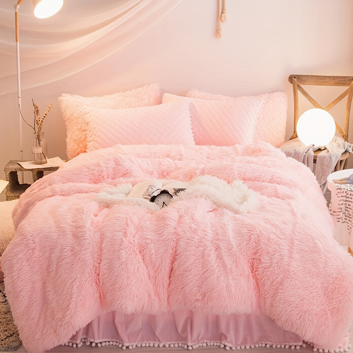 Plush Velvet Bedding Set  Soft Pink Duvet Cover with Pompom Trim - Product detail 9