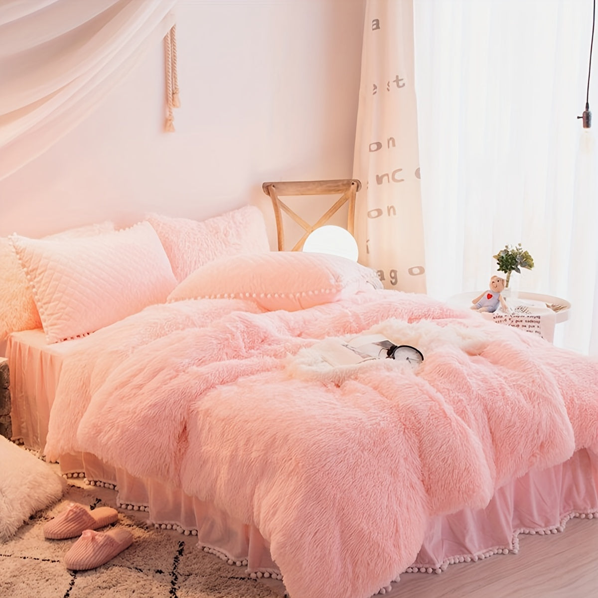 Plush Velvet Bedding Set  Soft Pink Duvet Cover with Pompom Trim - Product detail 18