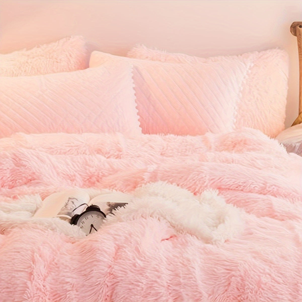 Plush Velvet Bedding Set  Soft Pink Duvet Cover with Pompom Trim - Product detail 22