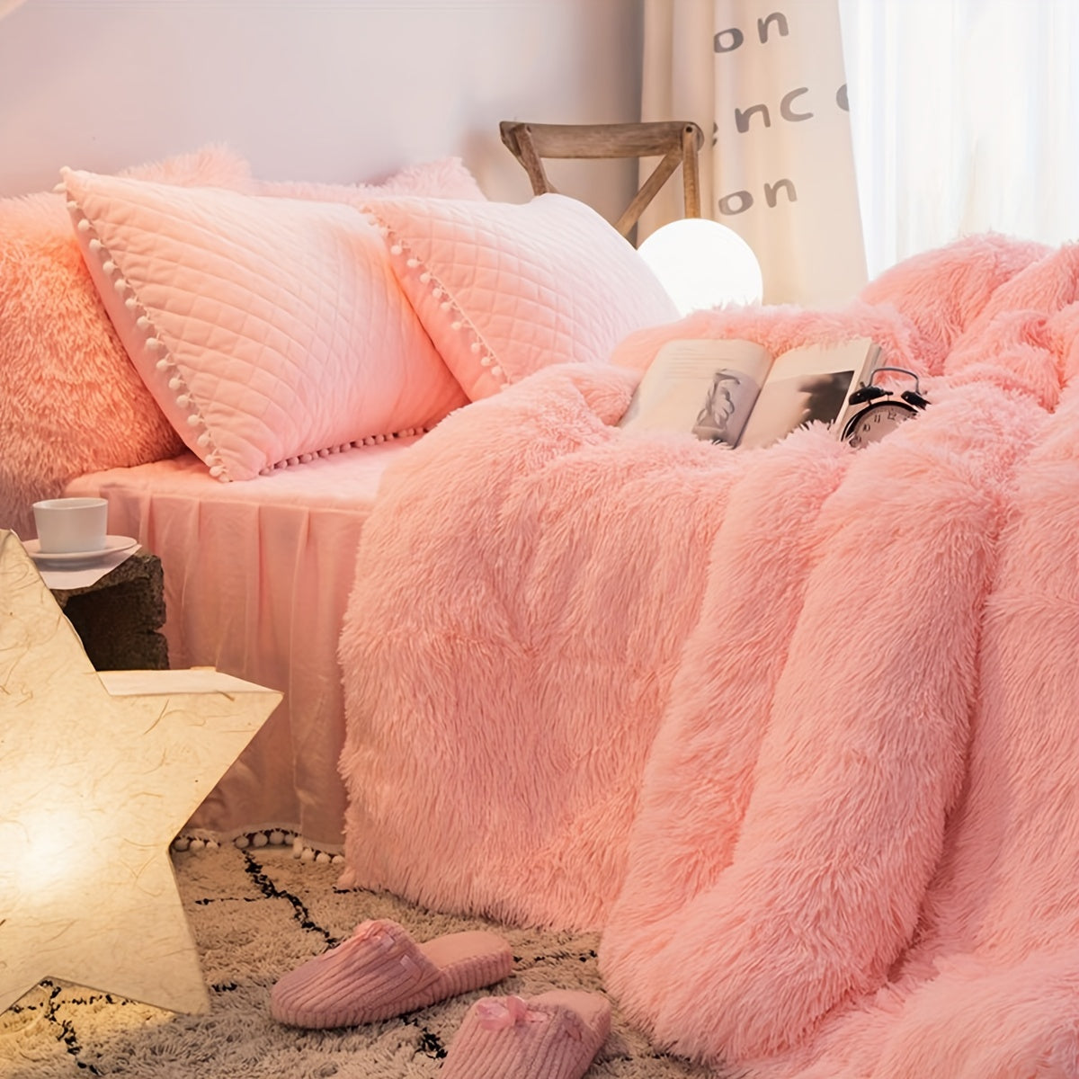 Plush Velvet Bedding Set  Soft Pink Duvet Cover with Pompom Trim - Product detail 13