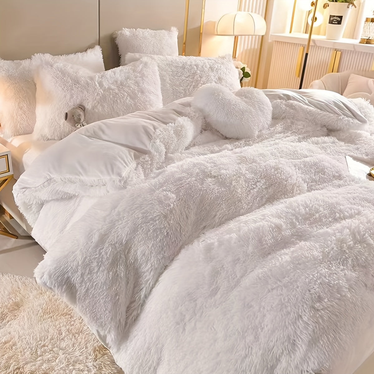 Plush Velvet Bedding Set  Soft Pink Duvet Cover with Pompom Trim - Product detail 10