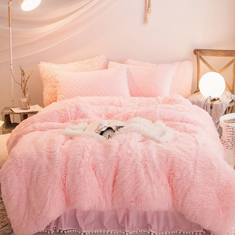 Plush Velvet Bedding Set  Soft Pink Duvet Cover with Pompom Trim - Product showcase