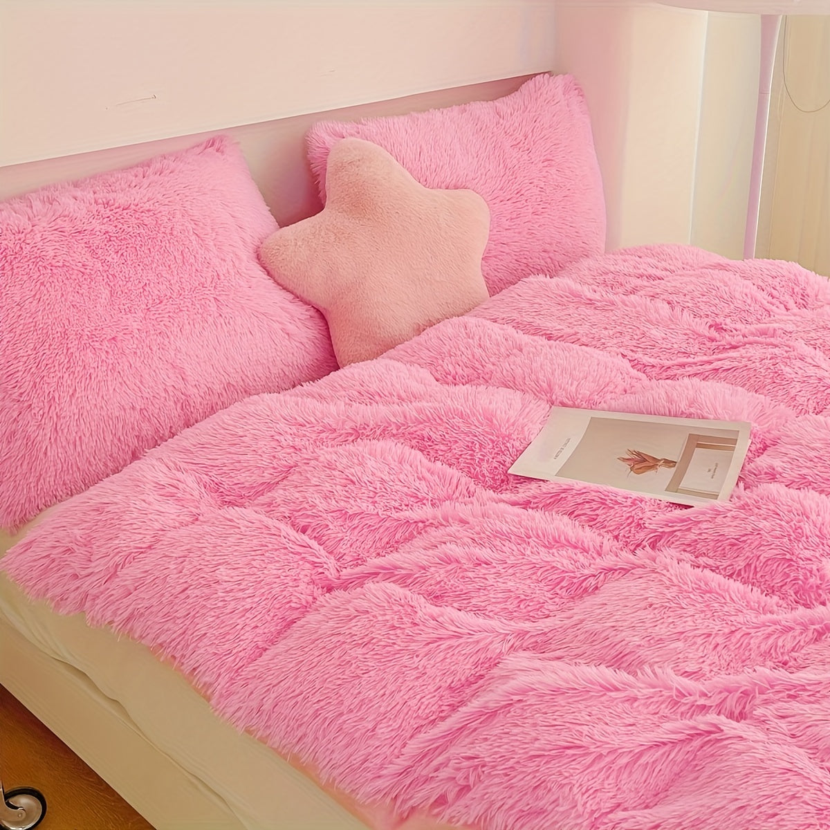 Plush Velvet Bedding Set  Soft Pink Duvet Cover with Pompom Trim - Product detail 11