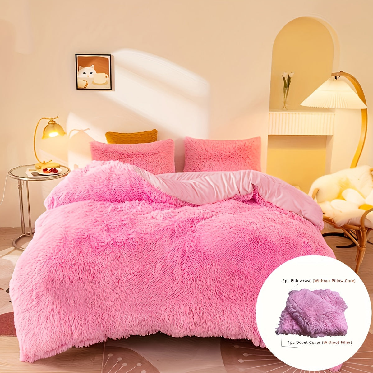 Plush Velvet Bedding Set  Soft Pink Duvet Cover with Pompom Trim - Product detail 4