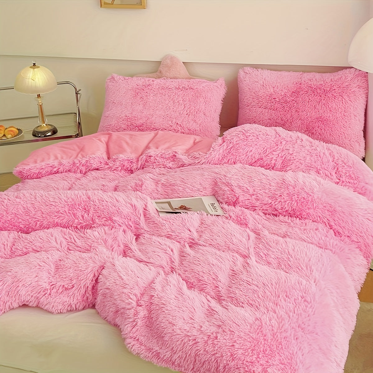 Plush Velvet Bedding Set  Soft Pink Duvet Cover with Pompom Trim - Product detail 16