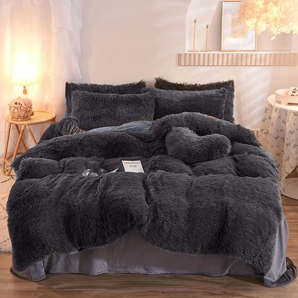 Plush Velvet Bedding Set  Soft Pink Duvet Cover with Pompom Trim - Product detail 6
