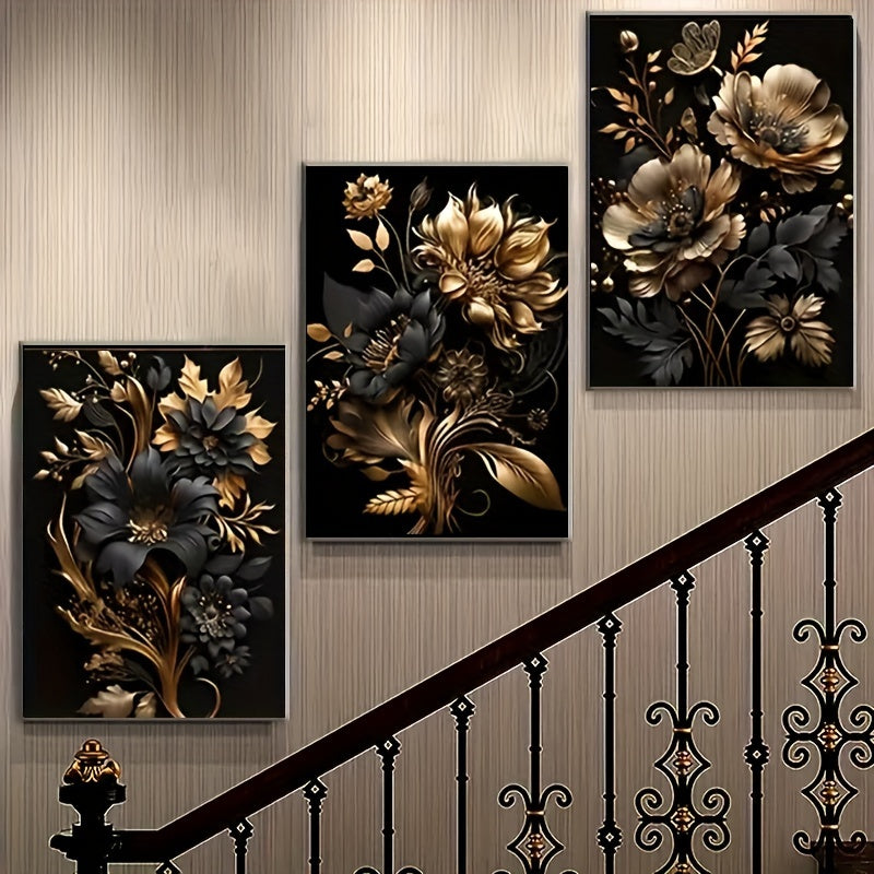 Black Gold Floral Wall Art  3-Piece Canvas Set - Detailed view