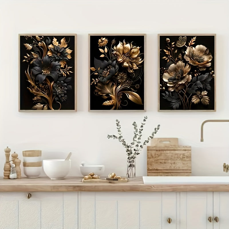 Black Gold Floral Wall Art  3-Piece Canvas Set - Product example