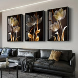 Golden Floral Canvas Art  Modern Botanical Triptych - Detailed view