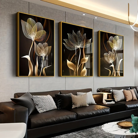Golden Floral Canvas Art  Modern Botanical Triptych - Product detail 5