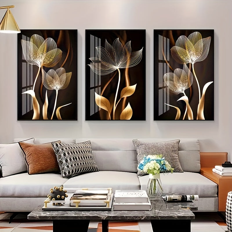 Golden Floral Canvas Art  Modern Botanical Triptych - Product detail 4
