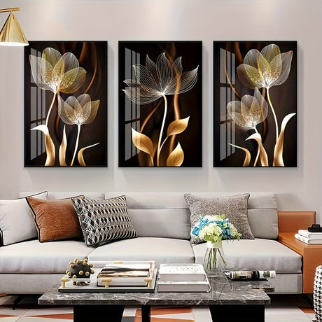 Golden Floral Canvas Art  Modern Botanical Triptych - Product detail 4