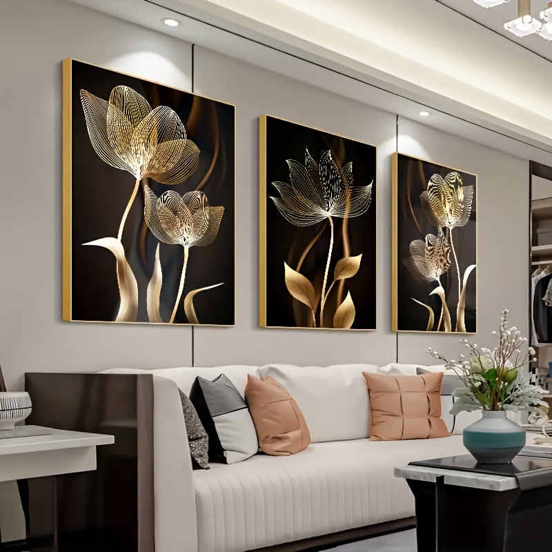 Golden Floral Canvas Art  Modern Botanical Triptych - Product example
