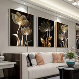 Golden Floral Canvas Art  Modern Botanical Triptych - Product example