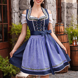 Traditional Dirndl Dress Set  Navy Blue With Gingham Apron - Product showcase