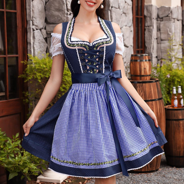 Traditional Dirndl Dress Set  Navy Blue With Gingham Apron - Product showcase