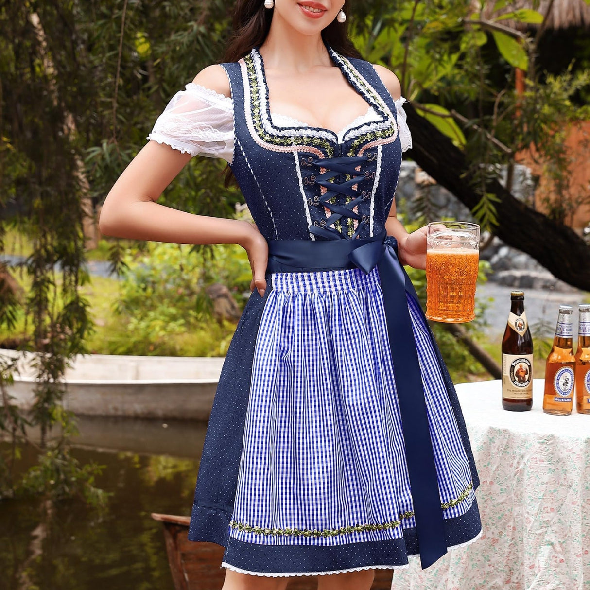 Traditional Dirndl Dress Set  Navy Blue With Gingham Apron - Detailed view