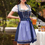 Traditional Dirndl Dress Set  Navy Blue With Gingham Apron - Detailed view