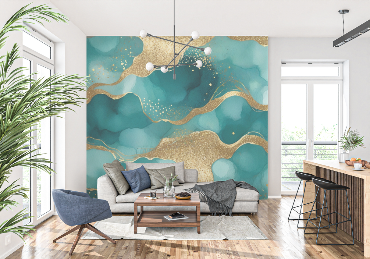 Abstract Mural Wallpaper | Turquoise and Gold Watercolor Waves