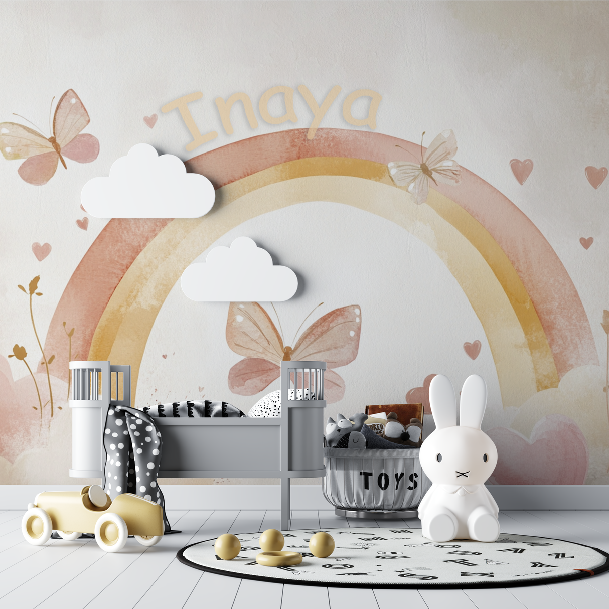Rainbow Mural Wallpaper | Personalized Kids Name with Butterflies