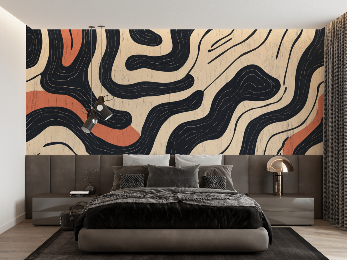 Abstract Mural Wallpaper | Modern Curves With Terracotta Accents