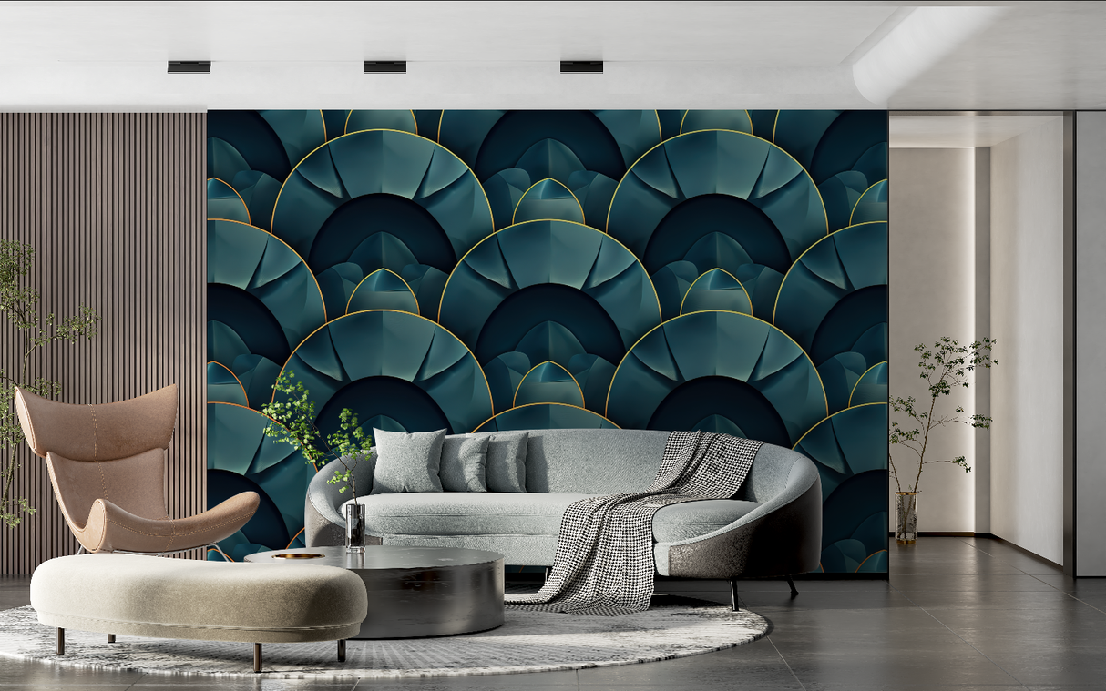 Art Deco Mural Wallpaper | Emerald Green Fan Pattern with Gold Lines