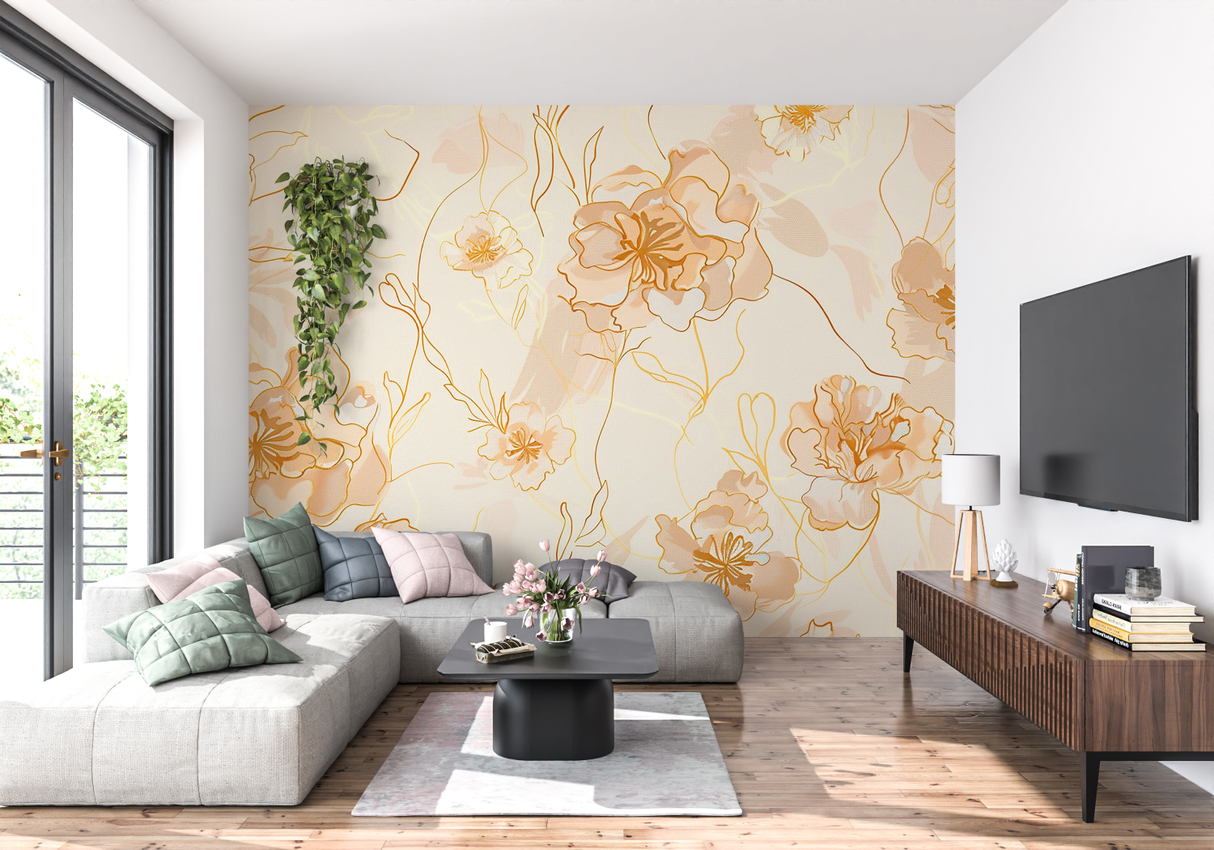 Floral Mural Wallpaper | Elegant Orange Line Art Design