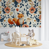 Forest Animals Mural Wallpaper | Vintage Fox with Navy Floral Pattern