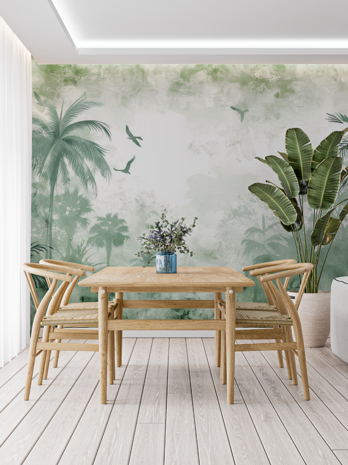 Tropical Mural Wallpaper | Misty Green Palm Paradise