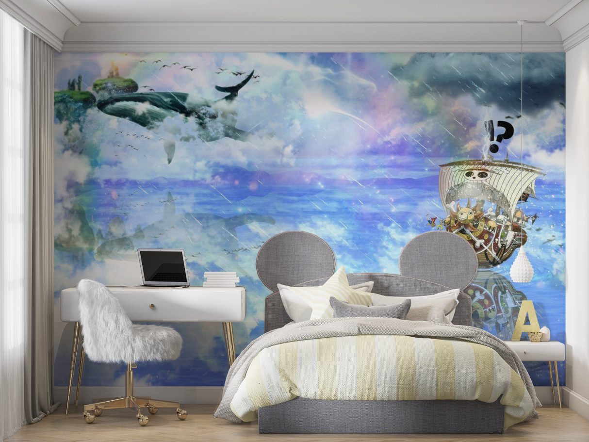Marine Mural Wallpaper | Fantasy Pirate Ship and Flying Whale