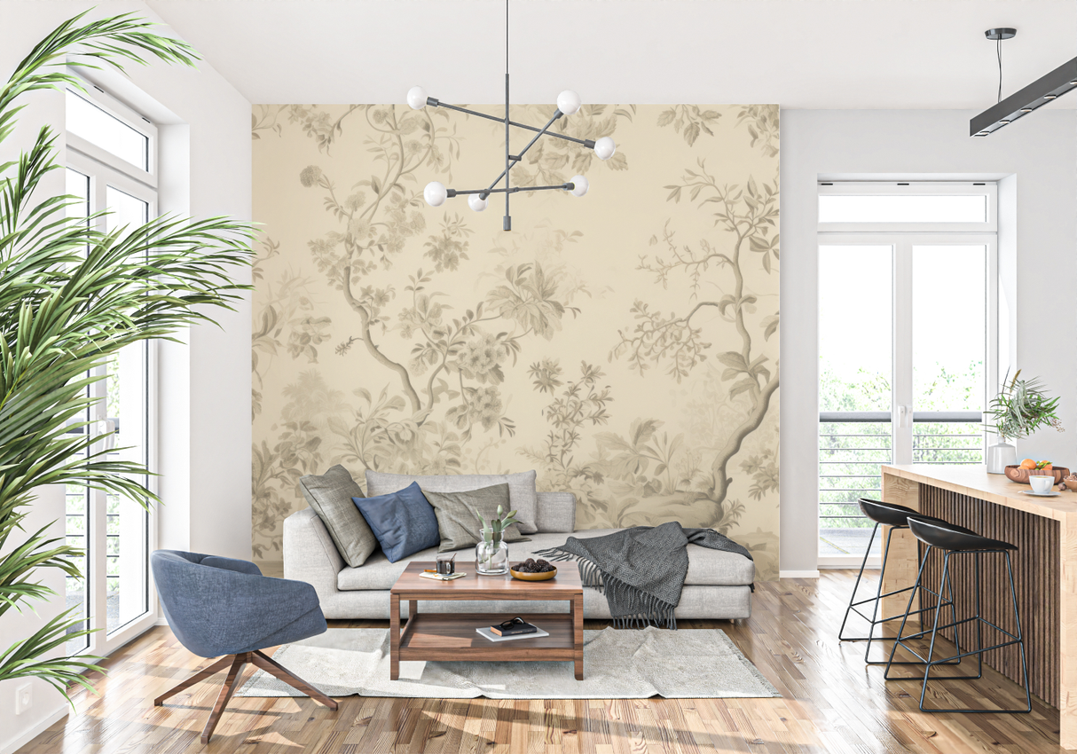 Floral Mural Wallpaper | Vintage Beige Toile de Jouy Pattern