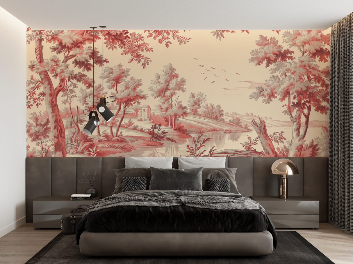 Toile de Jouy Mural Wallpaper | Classic French Countryside Scene in Red