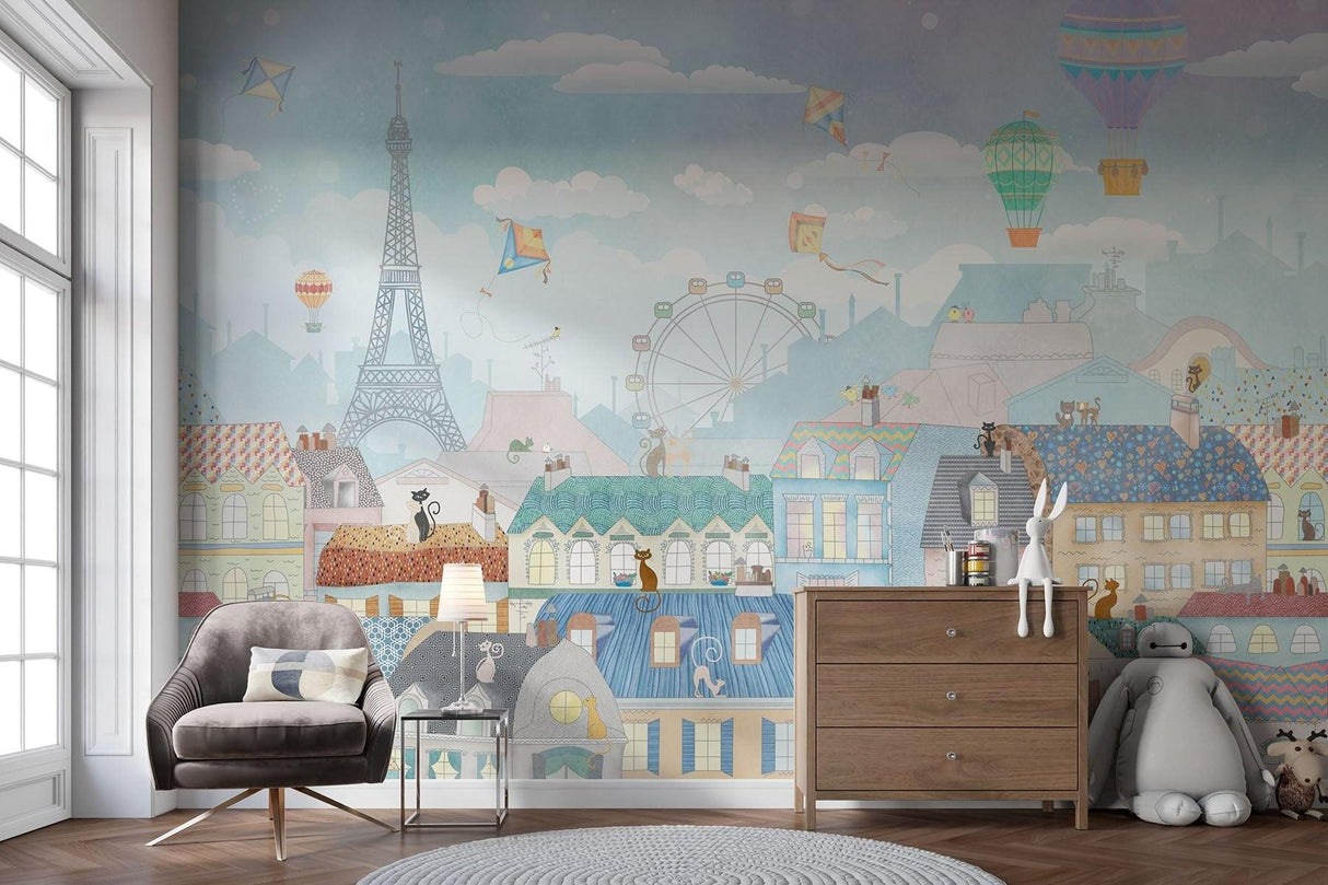 Papier Peint Mural Paris | Paysage Urbain Fantaisiste Avec Montgolfières