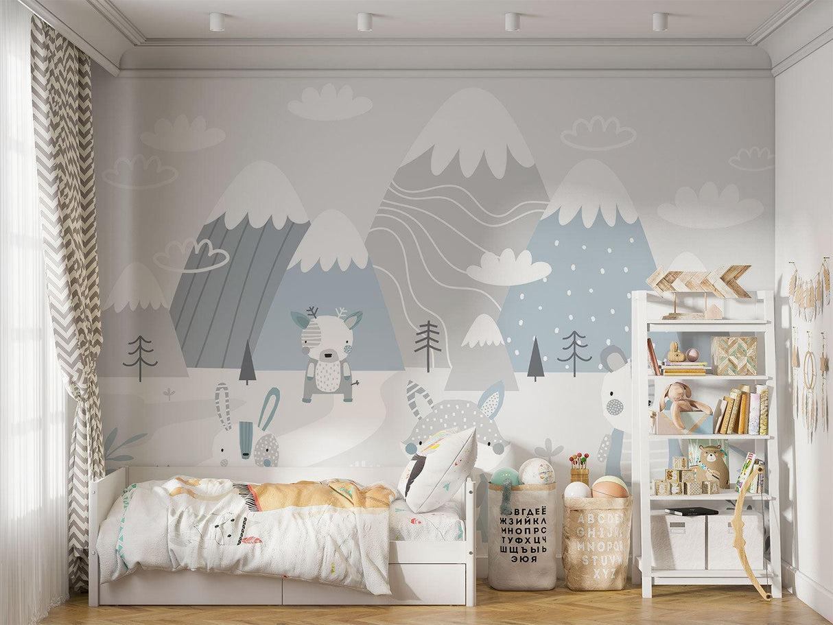 Mountain Mural Wallpaper | Scandinavian Winter Animals Scene