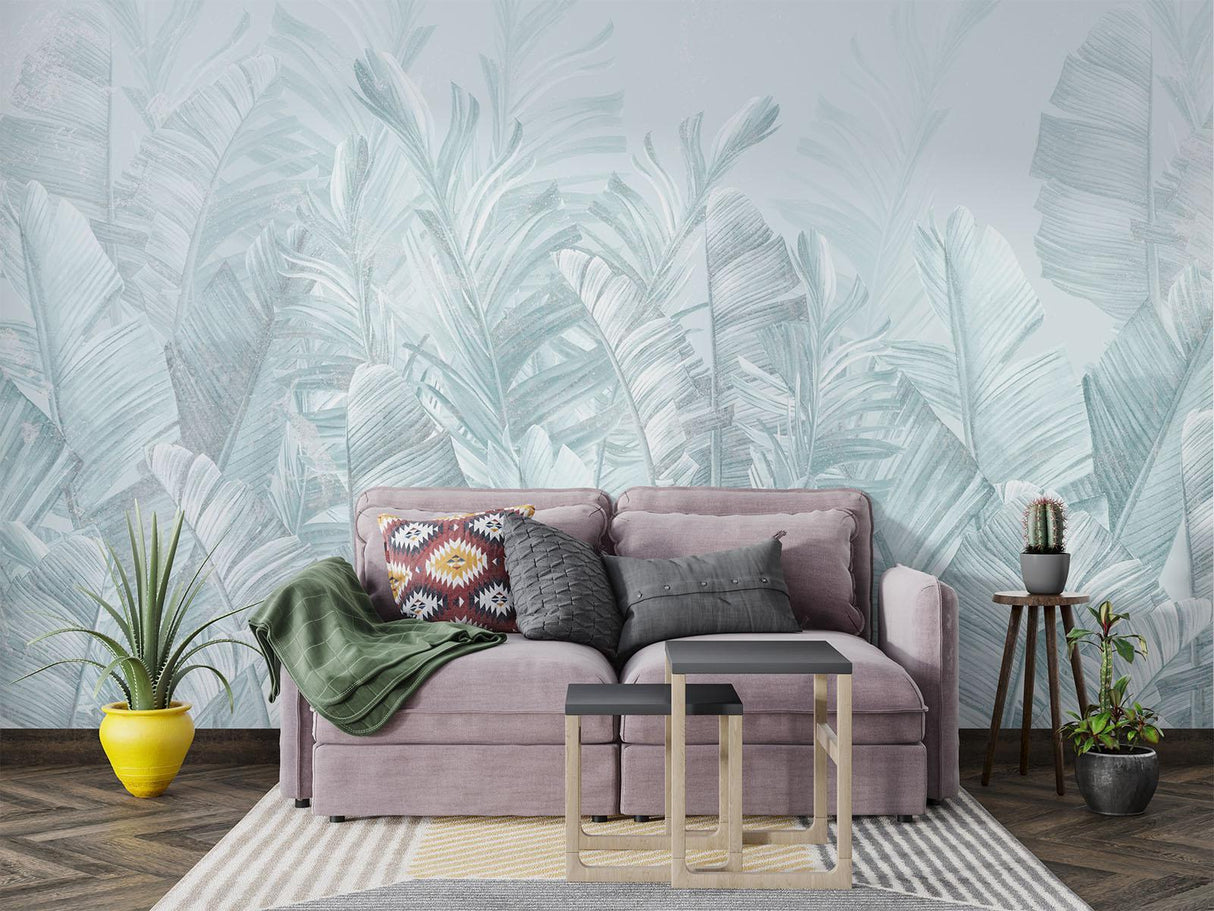 Tropical Mural Wallpaper | Soft Blue Palm Leaves Design
