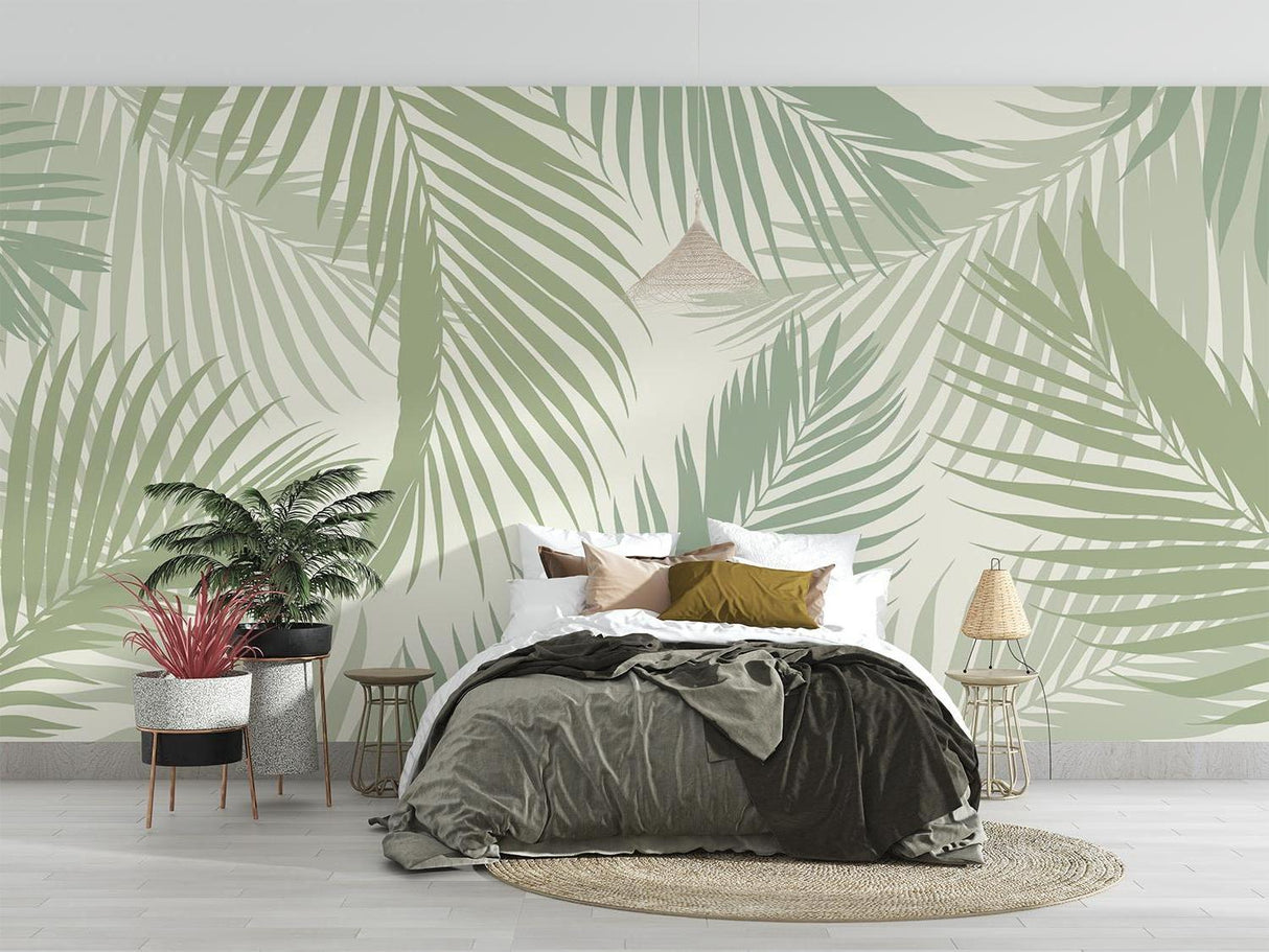 Tropical Mural Wallpaper | Sage Green Palm Leaves Pattern