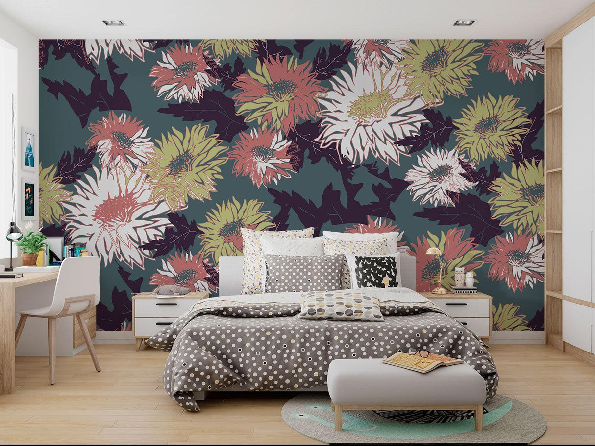 Floral Mural Wallpaper | Vintage Botanical Pattern in Terracotta and Green