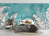 Tropical Mural Wallpaper | White Palm Leaves on Turquoise