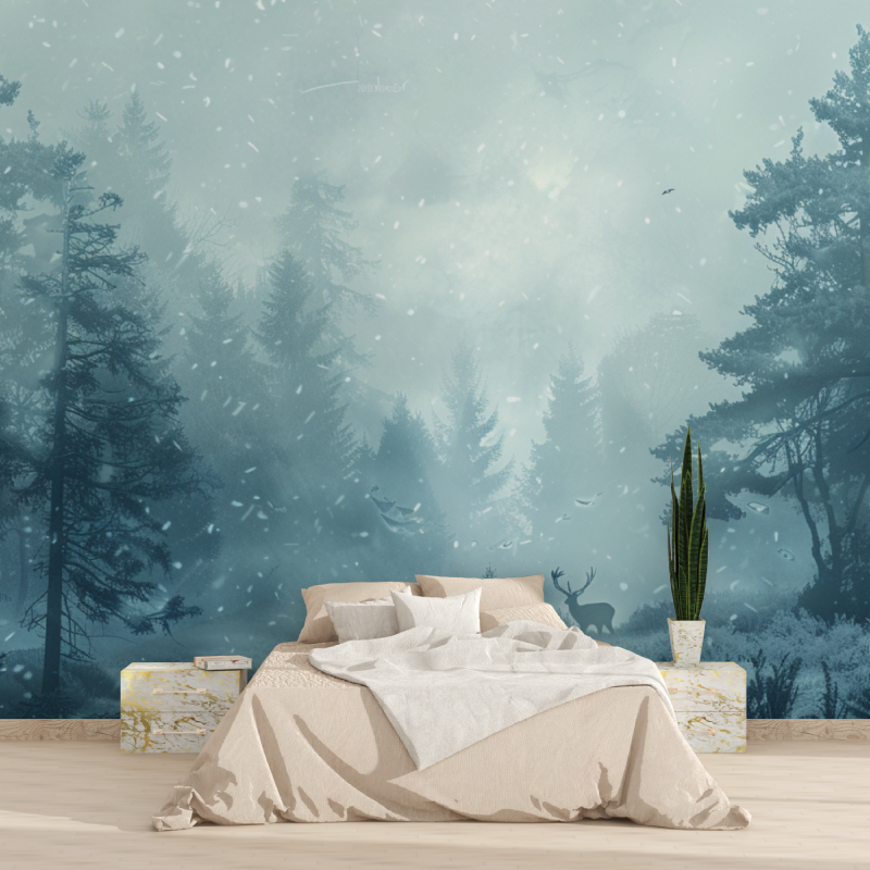 Forest Mural Wallpaper | Snowy Pine Trees With Deer