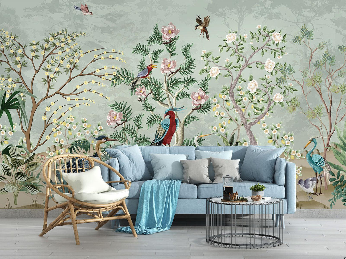 Birds Mural Wallpaper | Exotic Garden with Pink Flowers