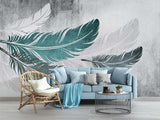 Feather Mural Wallpaper | Modern Teal and Grey Design