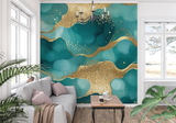 Abstract Mural Wallpaper | Turquoise and Gold Watercolor Waves