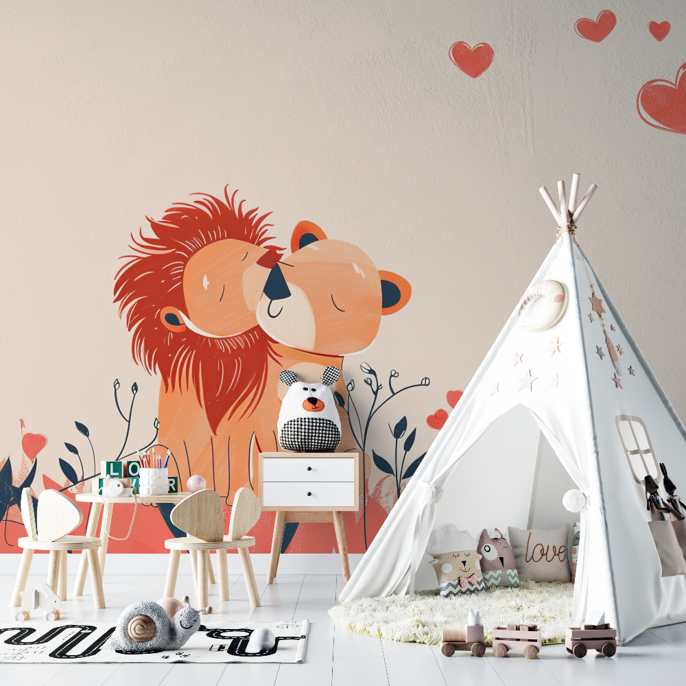 Lion Mural Wallpaper | Cute Couple with Hearts Design