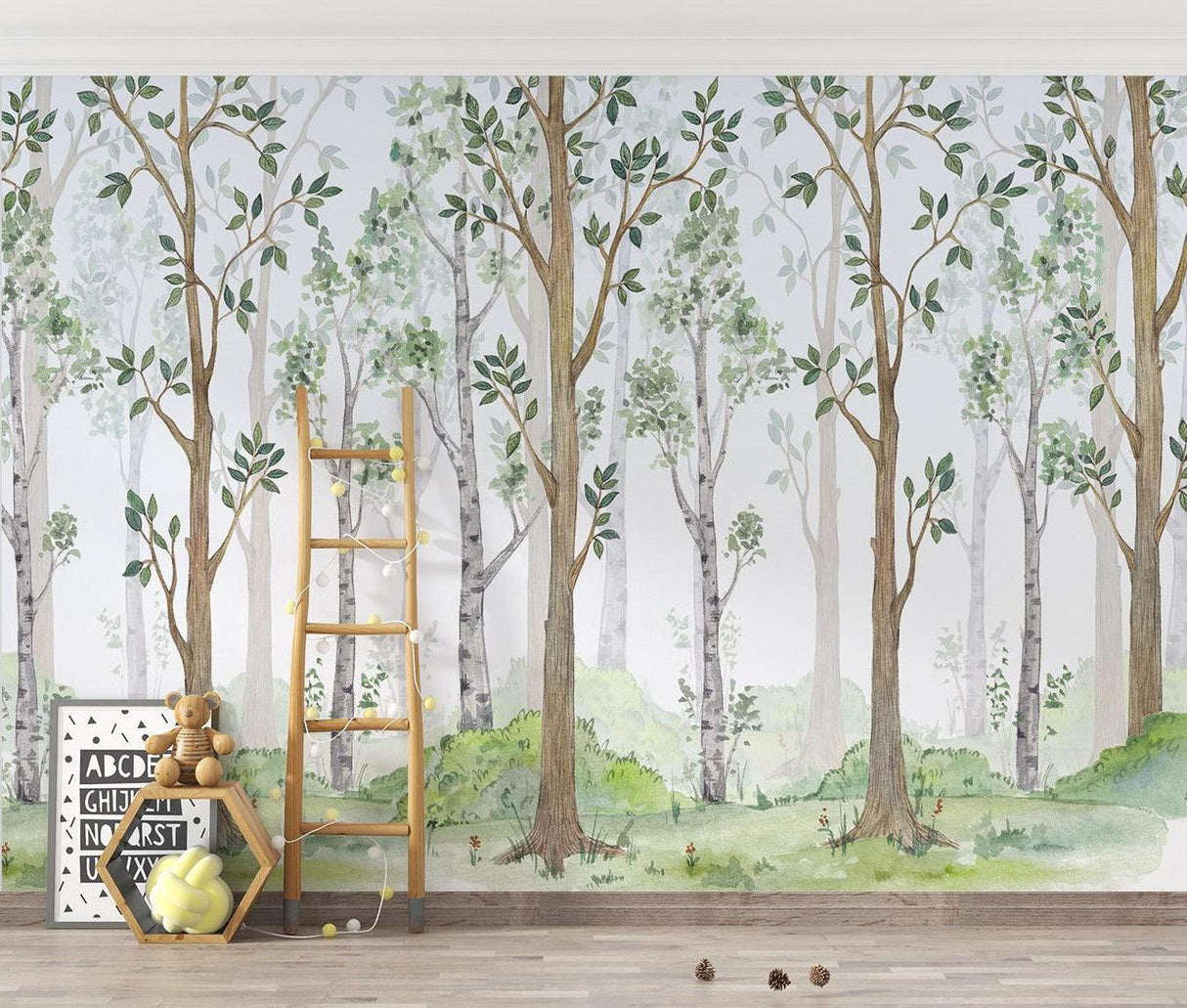 Forest Mural Wallpaper | Watercolor Tree Design With Green Leaves